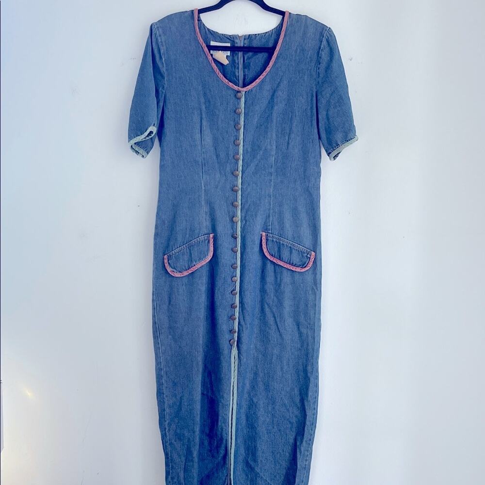Vintage 90’s Nina Piccalino denim scoop neck faux button up maxi dress sz 8